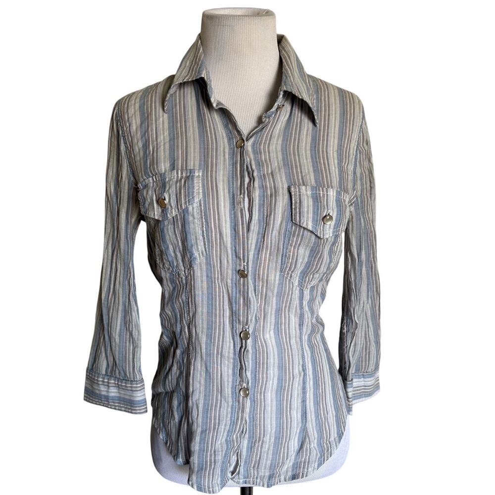 Vintage Y2K Zinc Blue Striped Sheer Cotton Fitted Button Up Shirt